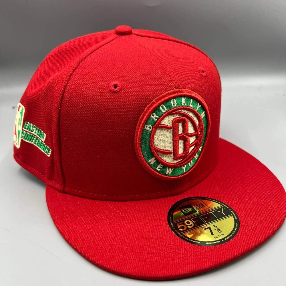 Brooklyn Nets Hat Men 7 5/8 Red Yellow 59Fifty‎ New Era NBA Fitted Cap New